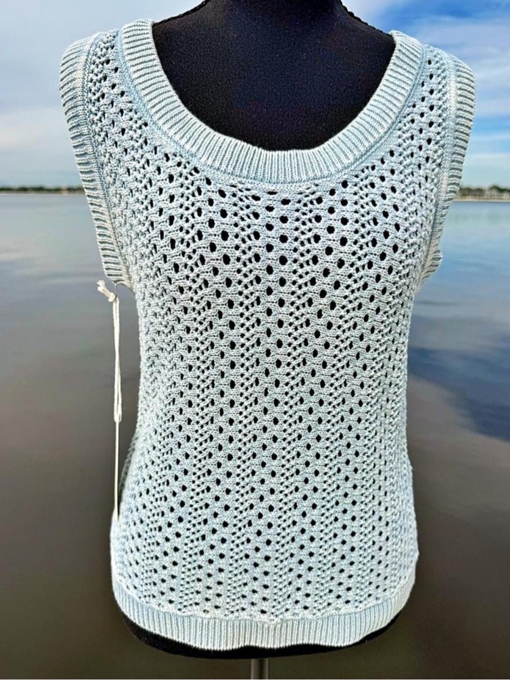 Joie Pale Blue Openwork Knit Sleeveless Scoop Neck Sweater